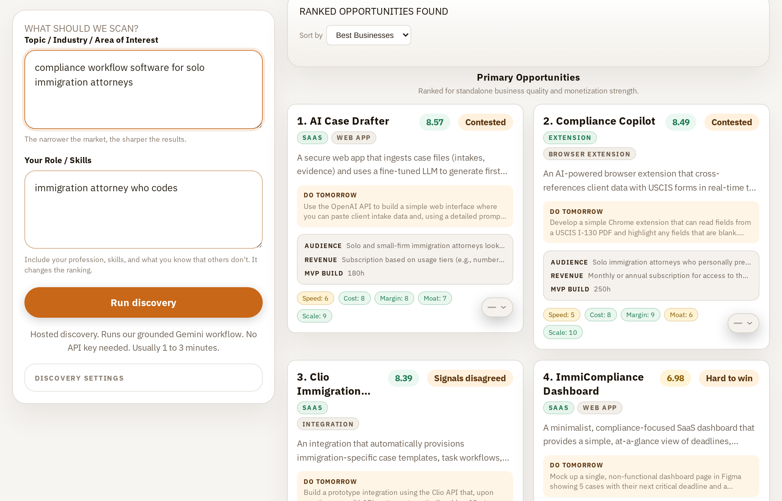 The 1mil.app workspace showing a real scan: ranked opportunities with business scores and named competitors